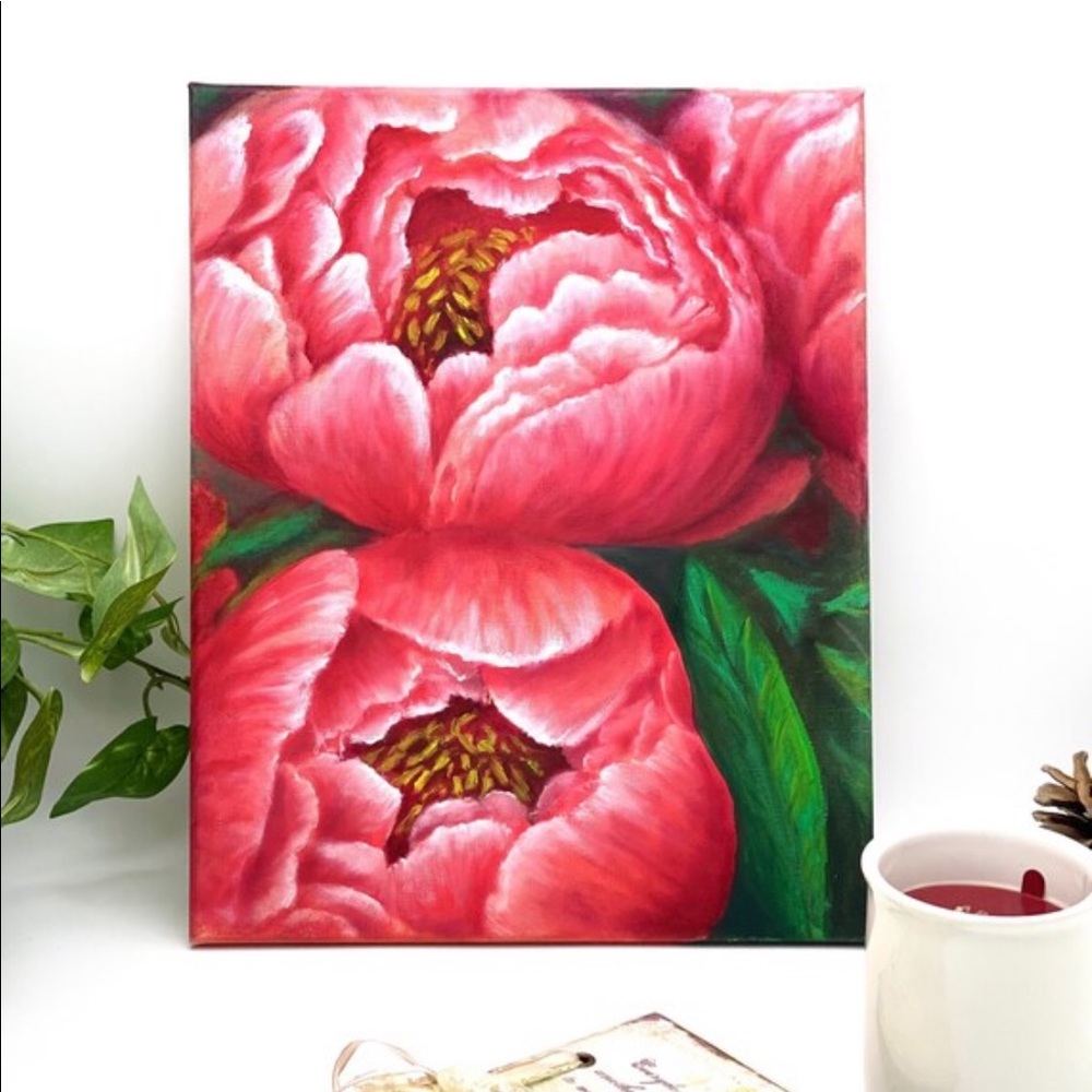 Pink peonies Original oil painting Flowers art on canvas signed by the artist.